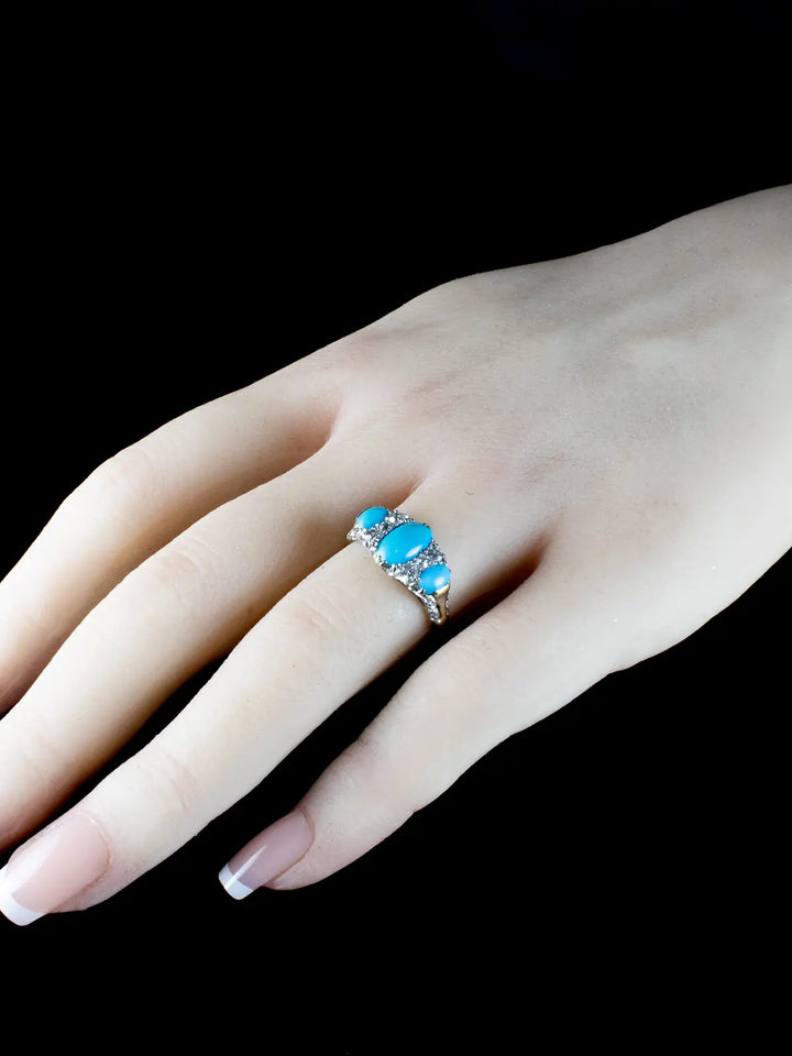 18ct Gold Turquoise and Old Cut Diamond Nine Stone Ring