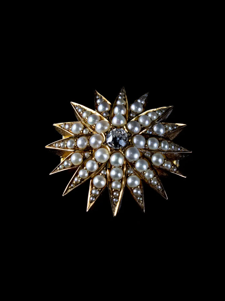 Antique Victorian 15ct Gold Pearl and Diamond Pendant/ Brooch, Circa 1884