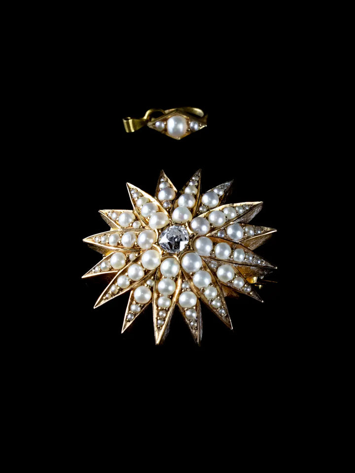 Antique Victorian 15ct Gold Pearl and Diamond Pendant/ Brooch, Circa 1884