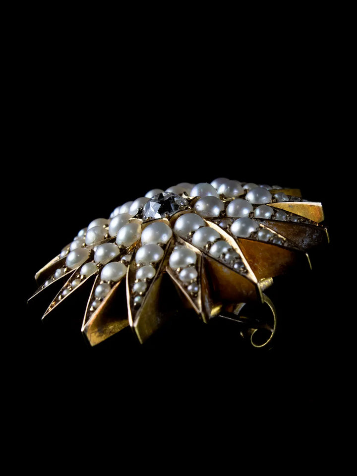 Antique Victorian 15ct Gold Pearl and Diamond Pendant/ Brooch, Circa 1884