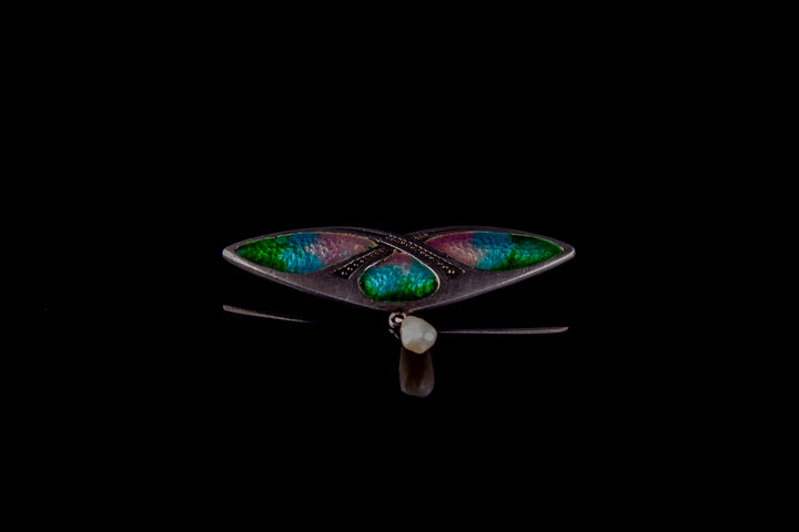Sterling silver enamel brooch with freshwater pearl drop
