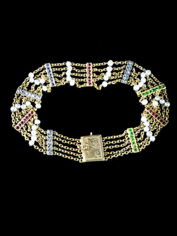 Antique, Victorian Gold Bracelet with Diamonds, Sapphires, Demantoid Garnets and Rubies, Circa 1880