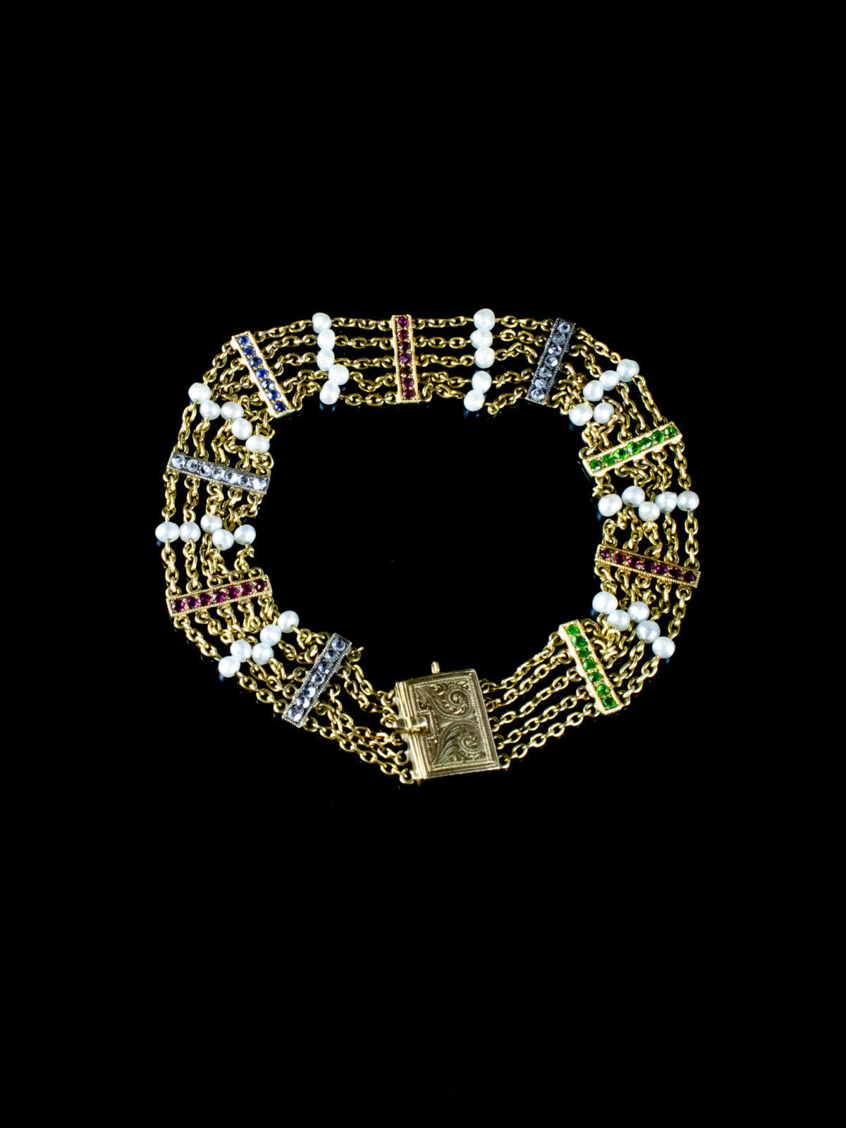 Antique, Victorian Gold Bracelet with Diamonds, Sapphires, Demantoid Garnets and Rubies, Circa 1880