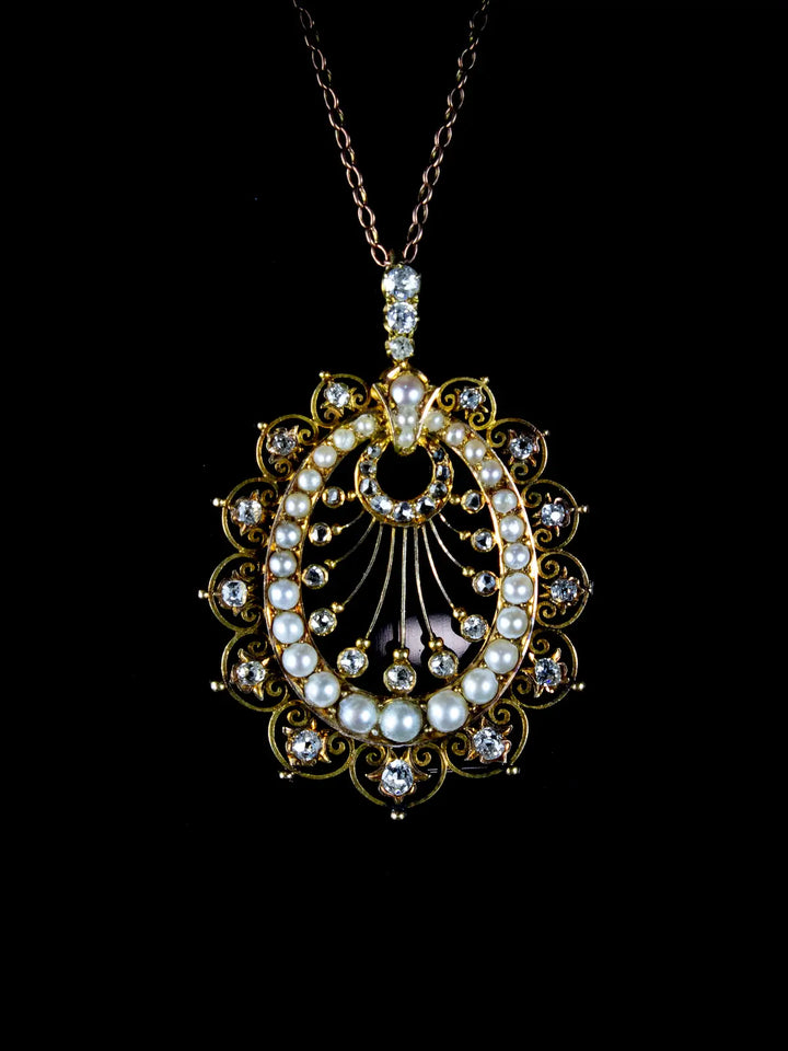 Antique Victorian 18ct Gold Pearl and Diamond Pendant, Circa 1880