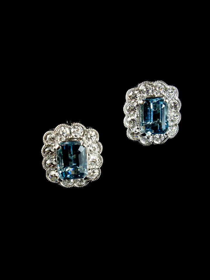 18ct White Gold 3.06ct Aquamarine and Diamond Cluster Earrings