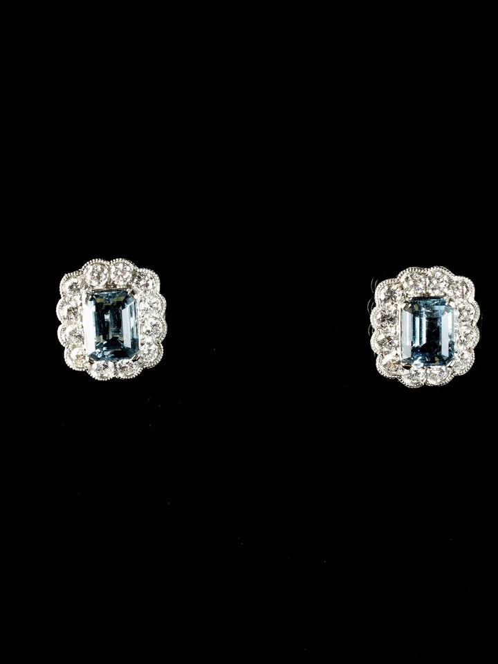18ct White Gold 3.06ct Aquamarine and Diamond Cluster Earrings