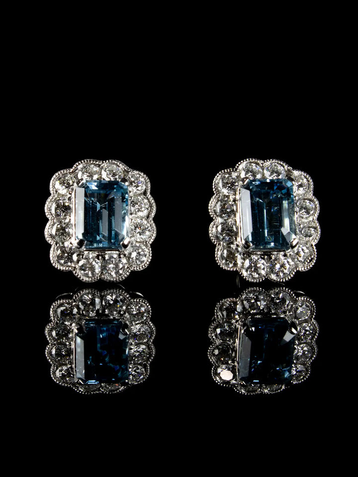18ct White Gold 3.06ct Aquamarine and Diamond Cluster Earrings
