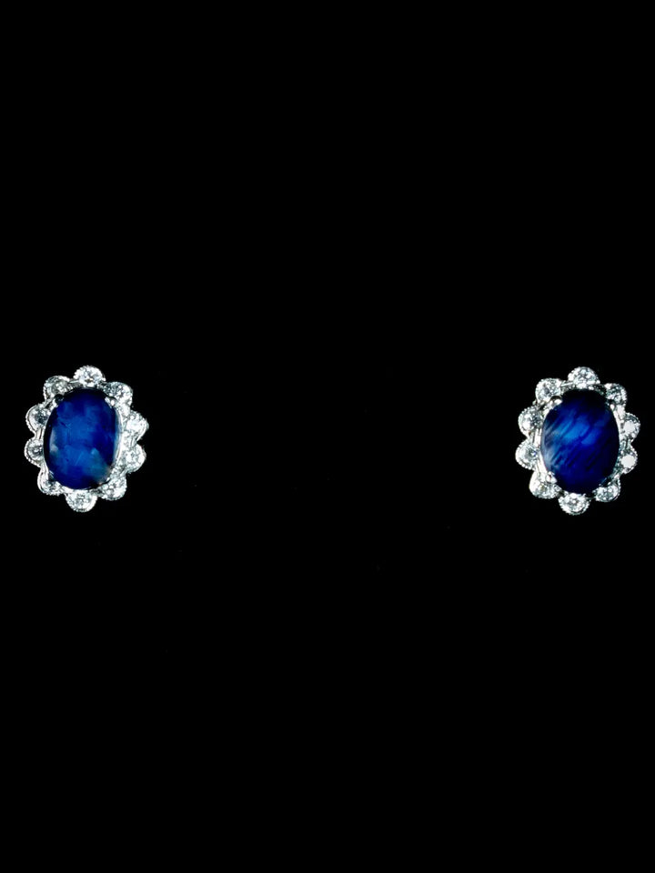 18ct Gold Cabochon Sapphire and Diamond Cluster Stud Earrings