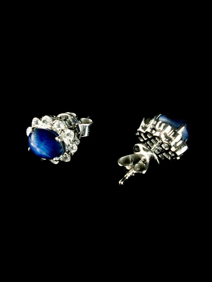 18ct Gold Cabochon Sapphire and Diamond Cluster Stud Earrings