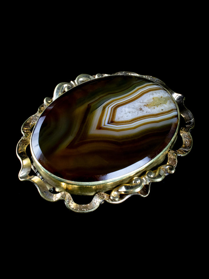 Antique Victorian 9ct Gold Banded Agate Brooch, Circa 1880