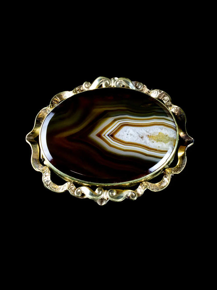 Antique Victorian 9ct Gold Banded Agate Brooch, Circa 1880