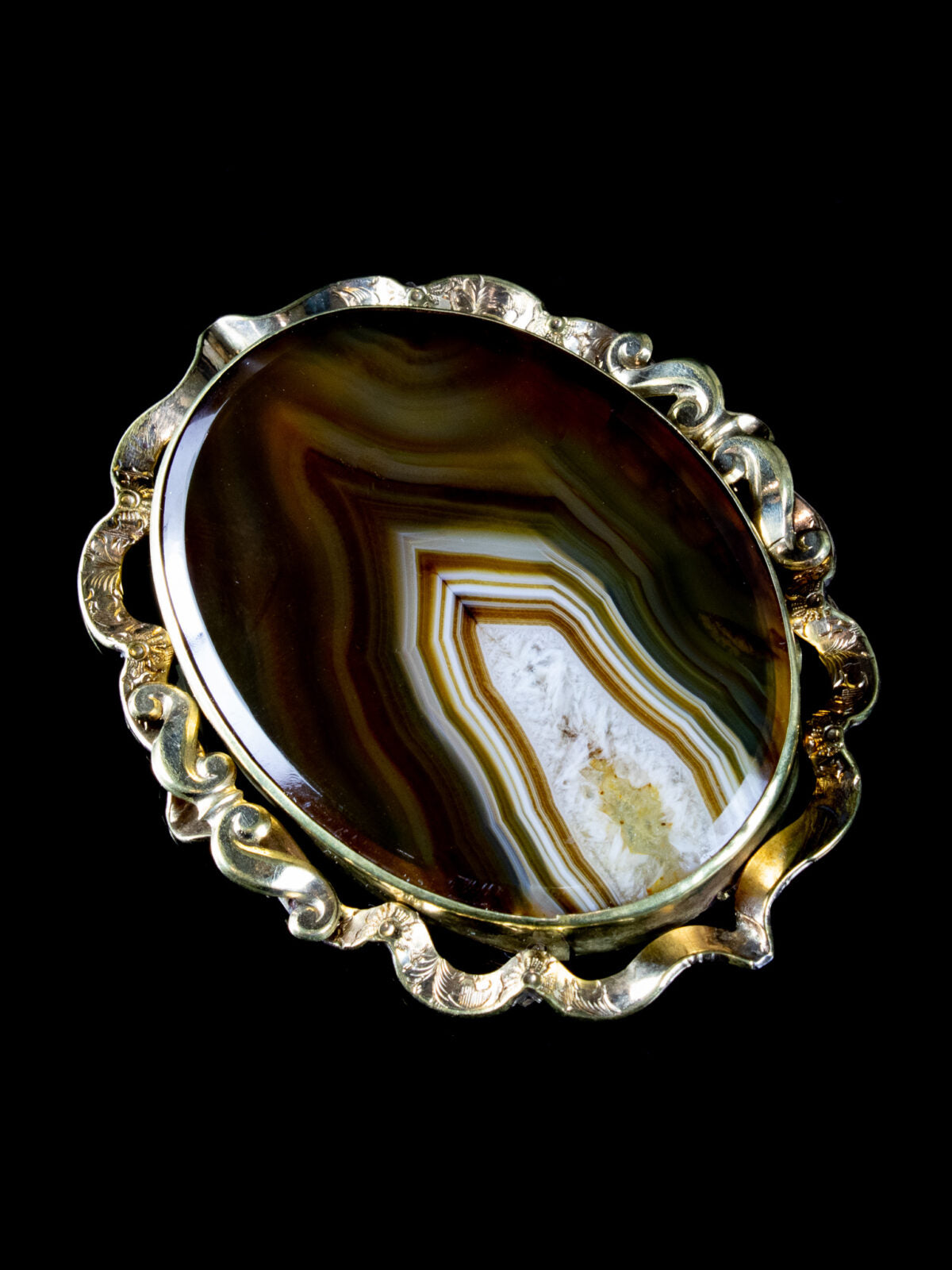 Antique Victorian 9ct Gold Banded Agate Brooch, Circa 1880