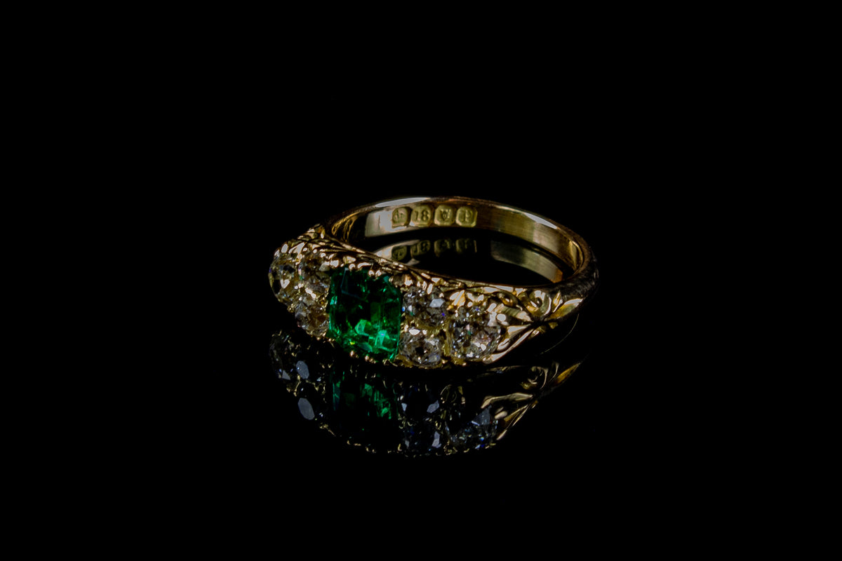 Antique Victorian 18ct Gold Seven Stone Emerald and Diamond Ring, London 1890