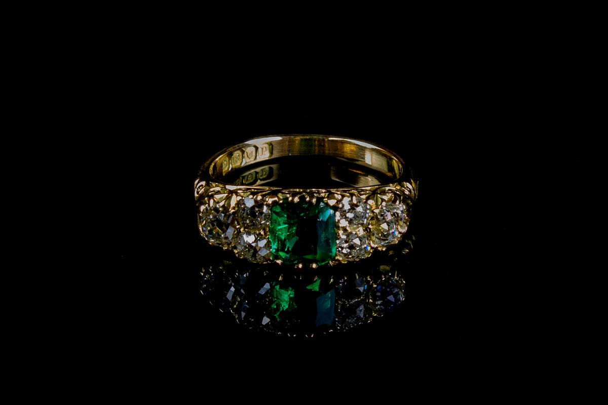 Antique Victorian 18ct Gold Seven Stone Emerald and Diamond Ring, London 1890