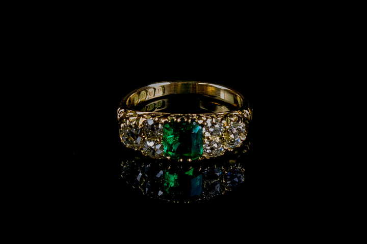 Antique Victorian 18ct Gold Seven Stone Emerald and Diamond Ring, London 1890