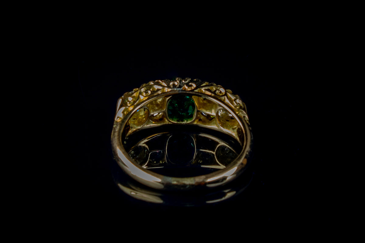 Antique Victorian 18ct Gold Seven Stone Emerald and Diamond Ring, London 1890