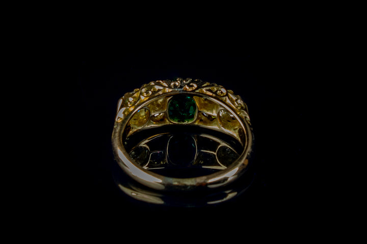 Antique Victorian 18ct Gold Seven Stone Emerald and Diamond Ring, London 1890