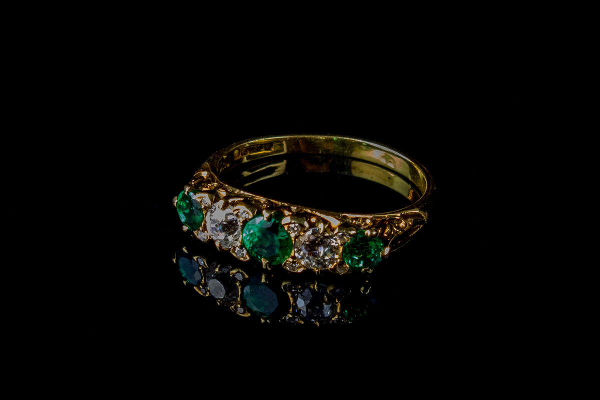 Antique Victorian 18ct Gold Five Stone Emerald and Old Cut Diamond Ring, Circa 1880