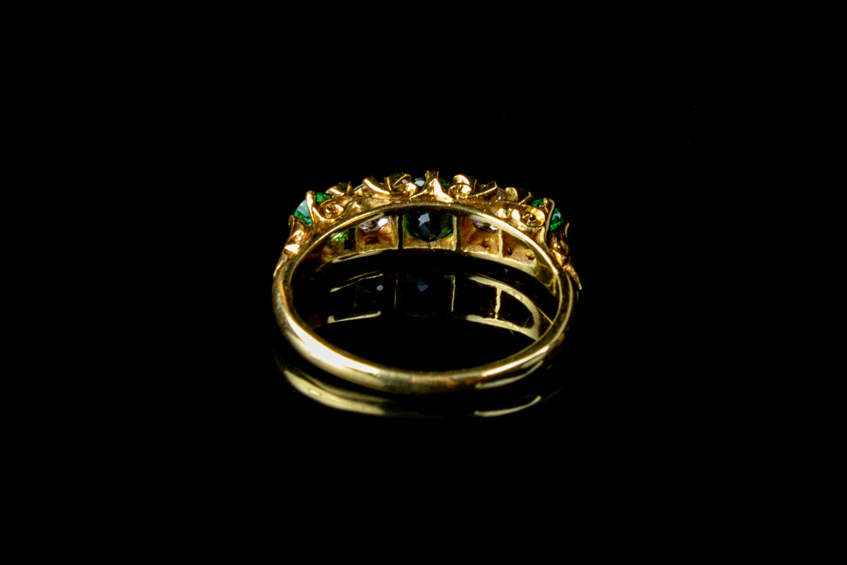 Antique Victorian 18ct Gold Five Stone Emerald and Old Cut Diamond Ring, Circa 1880
