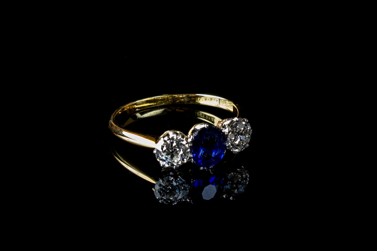 18ct Gold Three Stone Sapphire and Old Cut Diamond Ring