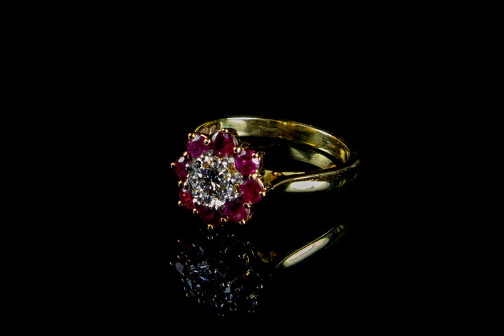 18ct Gold Diamond and 1.20ct Ruby Cluster Ring, London 1980