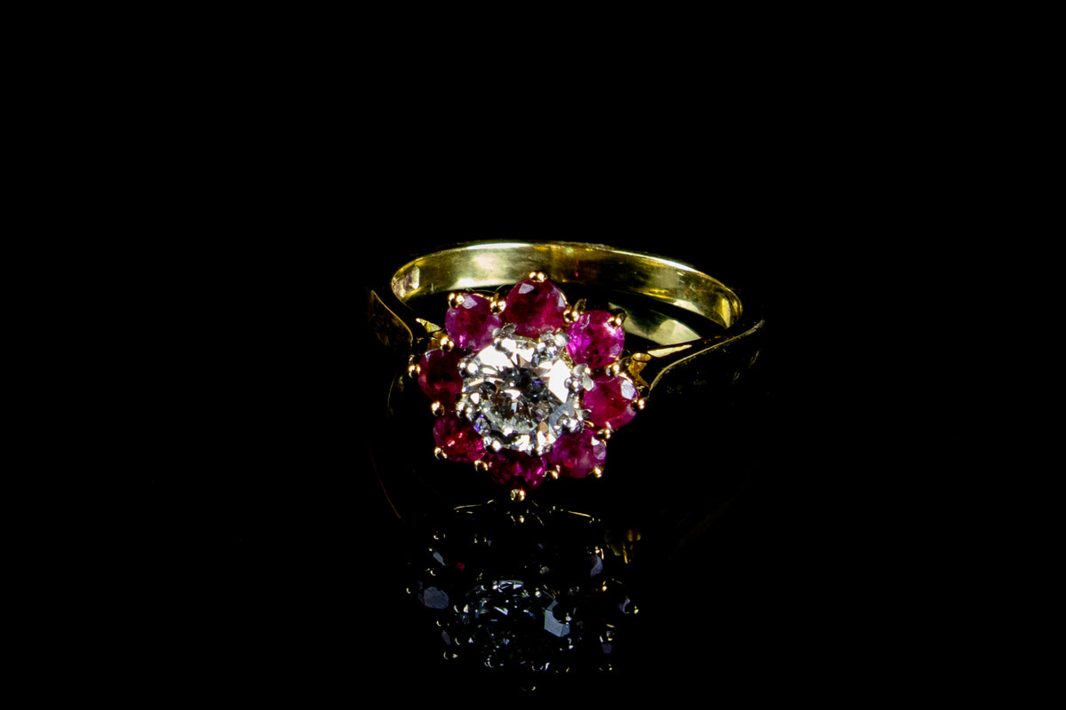 18ct Gold Diamond and 1.20ct Ruby Cluster Ring, London 1980