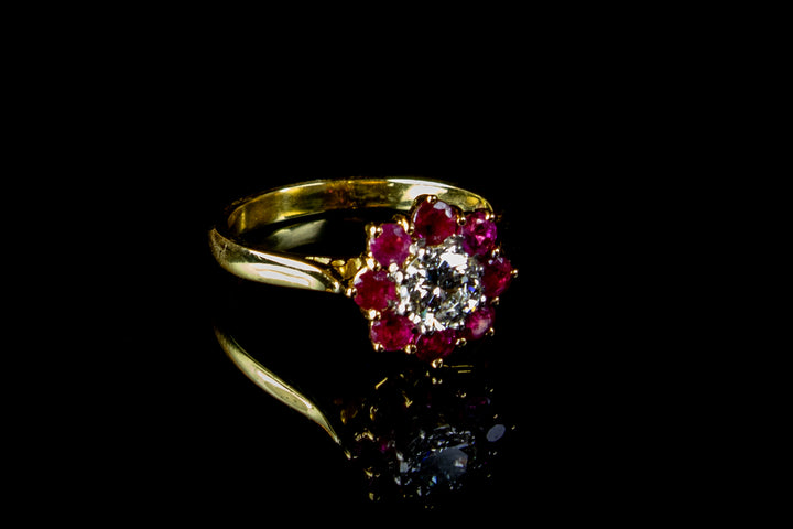 18ct Gold Diamond and 1.20ct Ruby Cluster Ring, London 1980