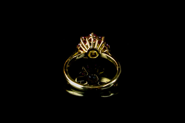 18ct Gold Diamond and 1.20ct Ruby Cluster Ring, London 1980