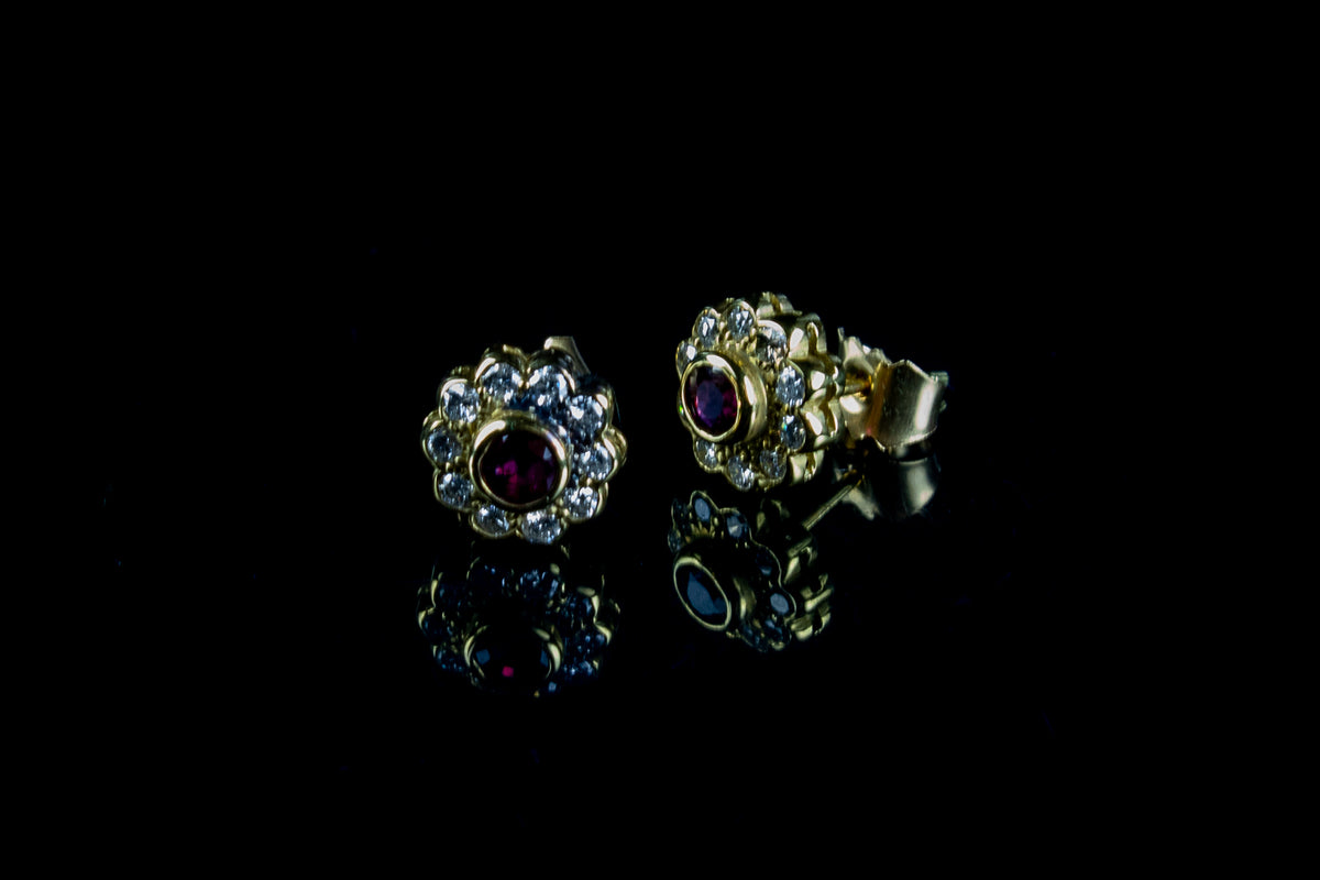 18ct Gold 0.20ct Ruby and Diamond Cluster Stud Earrings