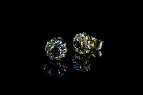 18ct Gold 0.20ct Ruby and Diamond Cluster Stud Earrings