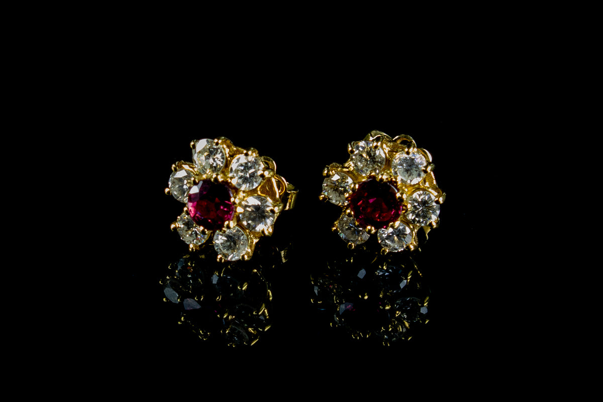 18ct Gold Seven Stone 0.80ct Ruby and Diamond Cluster Earrings