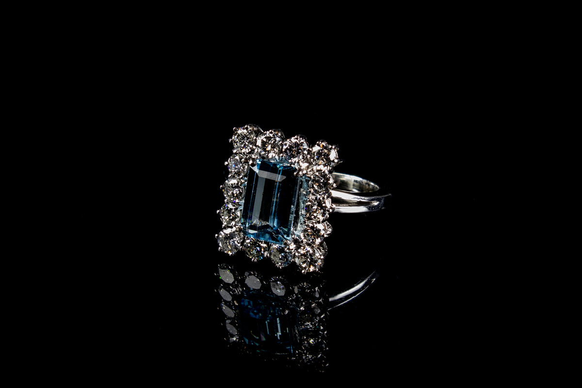 18ct Gold Emerald Cut 1.96ct Aquamarine and Diamond Cluster Ring