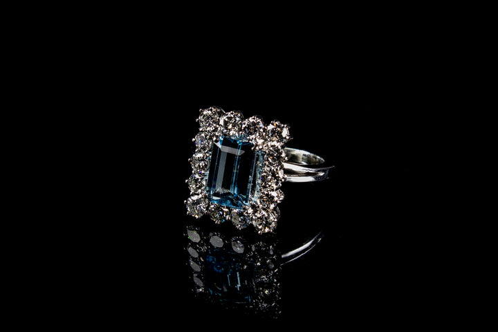 18ct Gold Emerald Cut 1.96ct Aquamarine and Diamond Cluster Ring