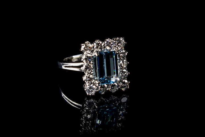 18ct Gold Emerald Cut 1.96ct Aquamarine and Diamond Cluster Ring