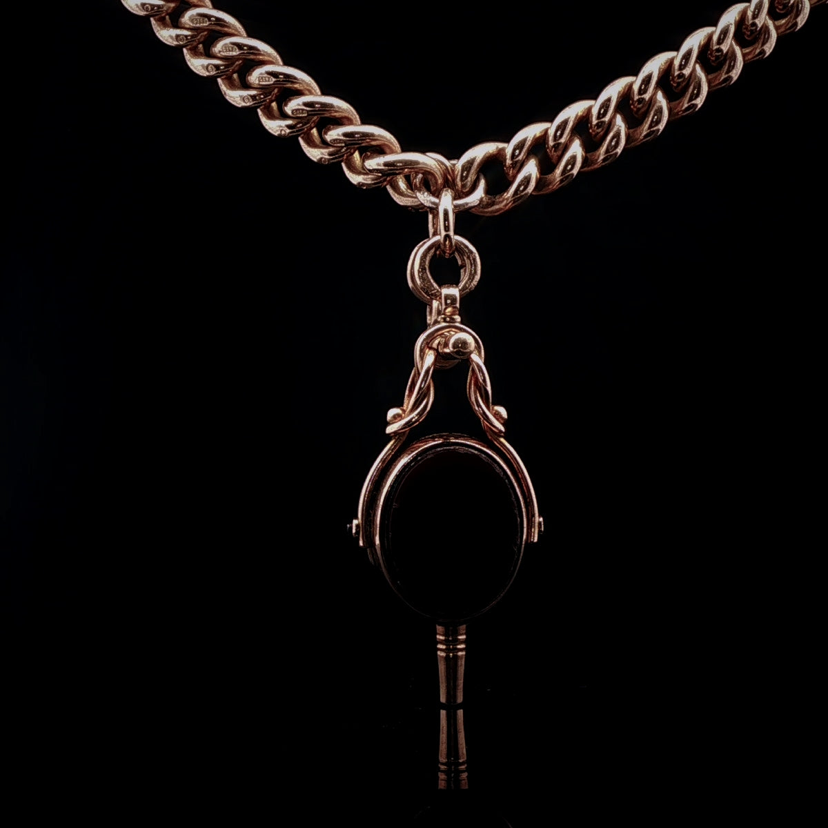 Antique Victorian 9ct Yellow Gold Albert Chain with Bloodstone and Carnelian Fob, Circa 1895