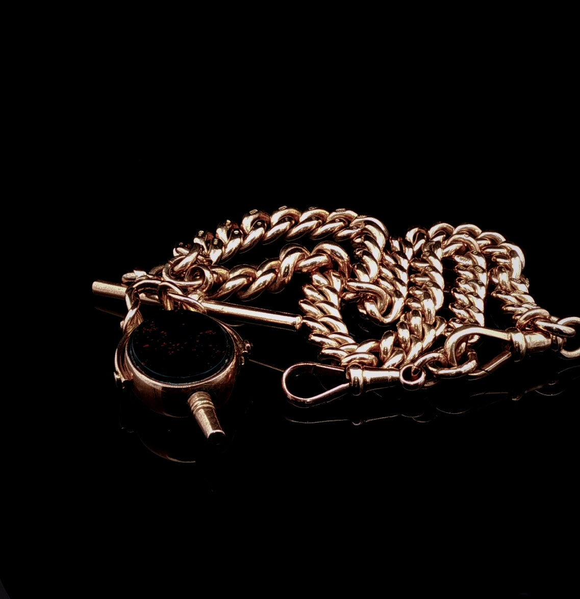Antique Victorian 9ct Yellow Gold Albert Chain with Bloodstone and Carnelian Fob, Circa 1895
