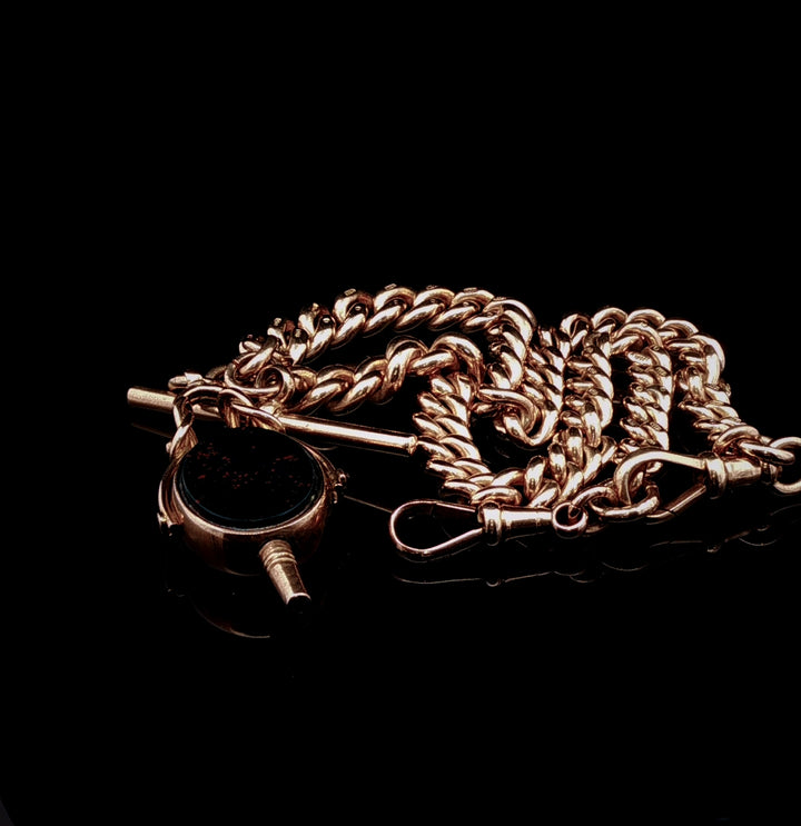 Antique Victorian 9ct Yellow Gold Albert Chain with Bloodstone and Carnelian Fob, Circa 1895