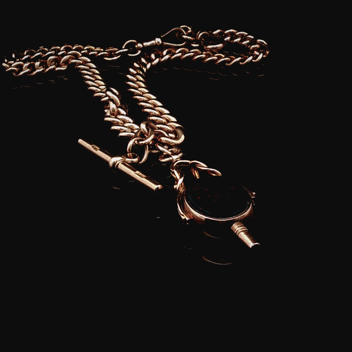 Antique Victorian 9ct Yellow Gold Albert Chain with Bloodstone and Carnelian Fob, Circa 1895