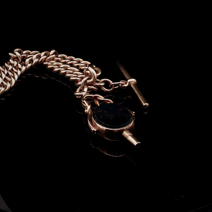 Antique Victorian 9ct Yellow Gold Albert Chain with Bloodstone and Carnelian Fob, Circa 1895