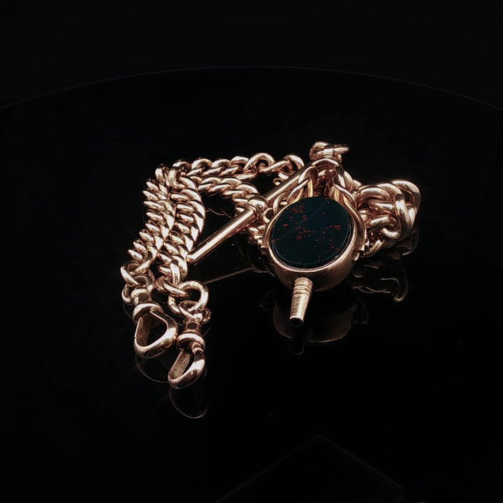 Antique Victorian 9ct Yellow Gold Albert Chain with Bloodstone and Carnelian Fob, Circa 1895