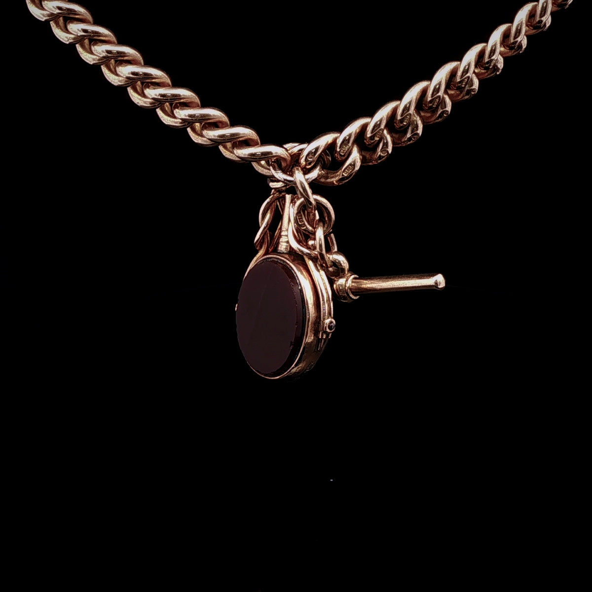 Antique Victorian 9ct Yellow Gold Albert Chain with Bloodstone and Carnelian Fob, Circa 1895