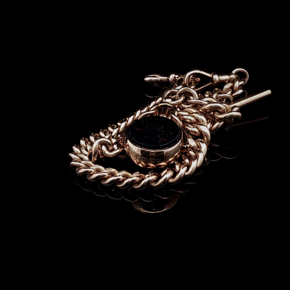 Antique Victorian 9ct Yellow Gold Albert Chain with Bloodstone and Carnelian Fob, Circa 1895