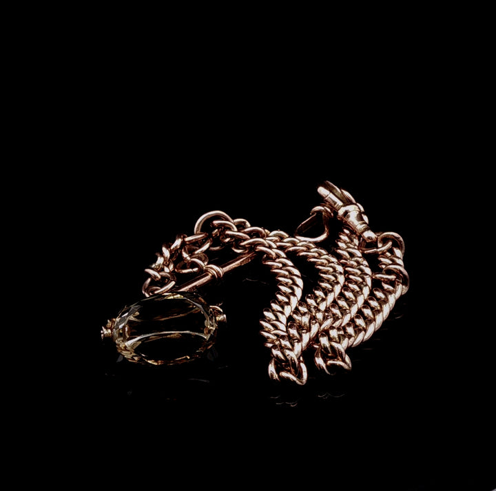 Antique 9ct Rose Gold Double Albert Chain with Citrine Fob, 53 Grams