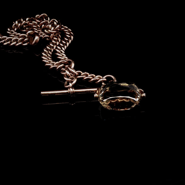 Antique 9ct Rose Gold Double Albert Chain with Citrine Fob, 53 Grams