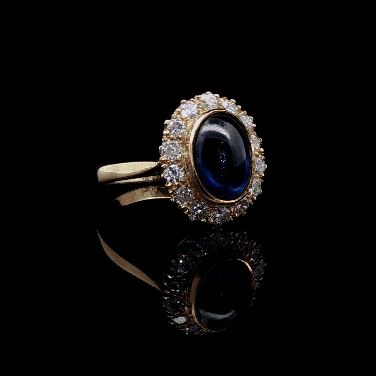 18ct Yellow Gold Cabochon Cut 3.30ct Sapphire and Diamond Cluster Ring