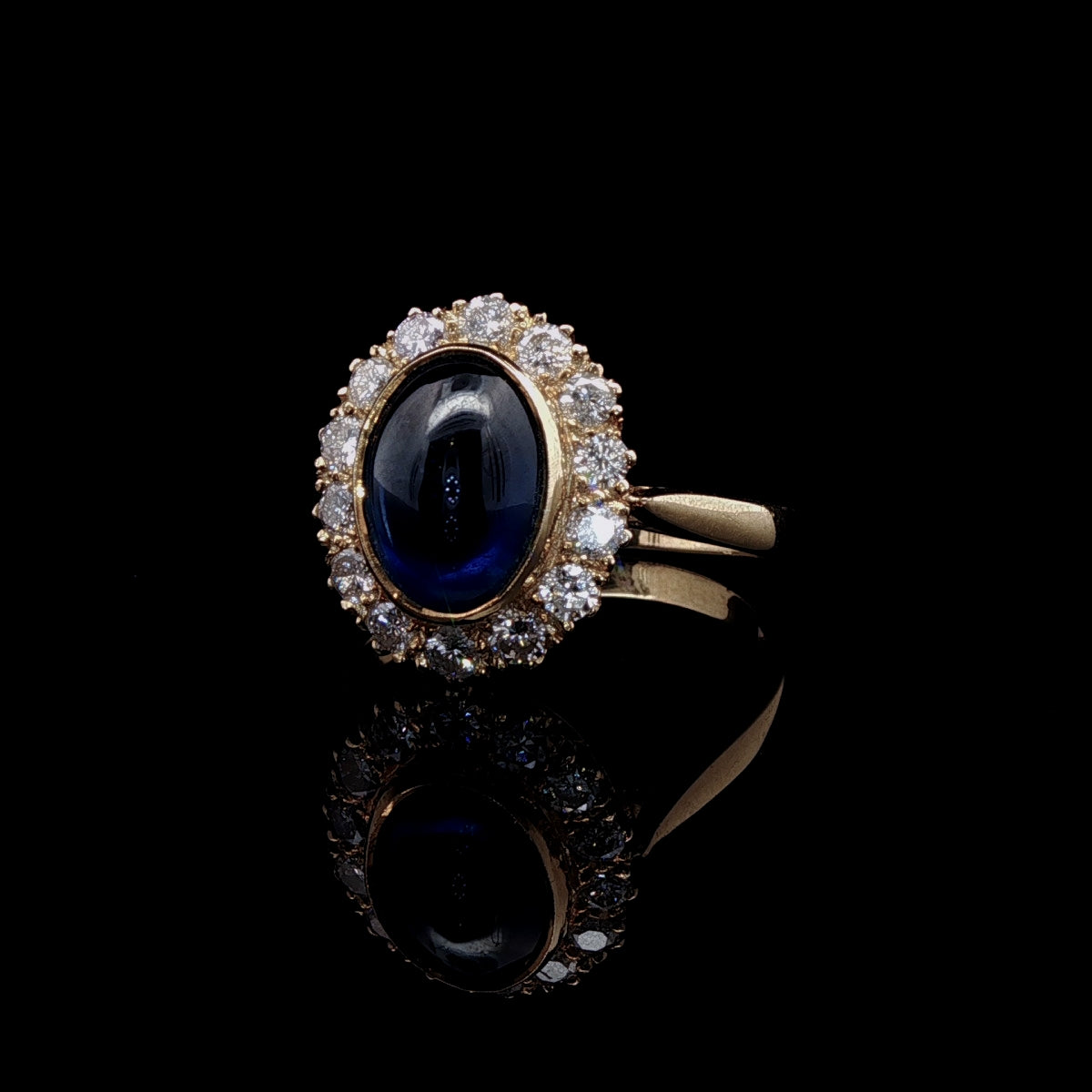 18ct Yellow Gold Cabochon Cut 3.30ct Sapphire and Diamond Cluster Ring