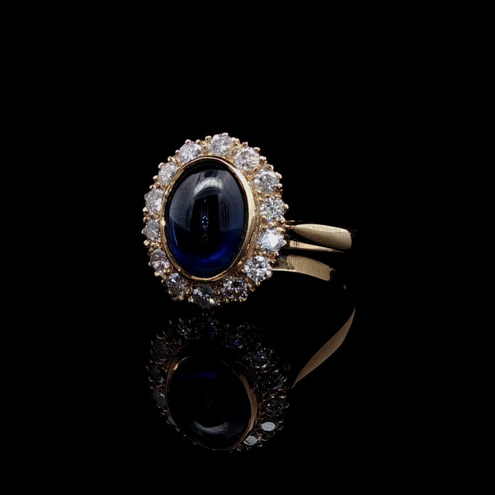 18ct Yellow Gold Cabochon Cut 3.30ct Sapphire and Diamond Cluster Ring