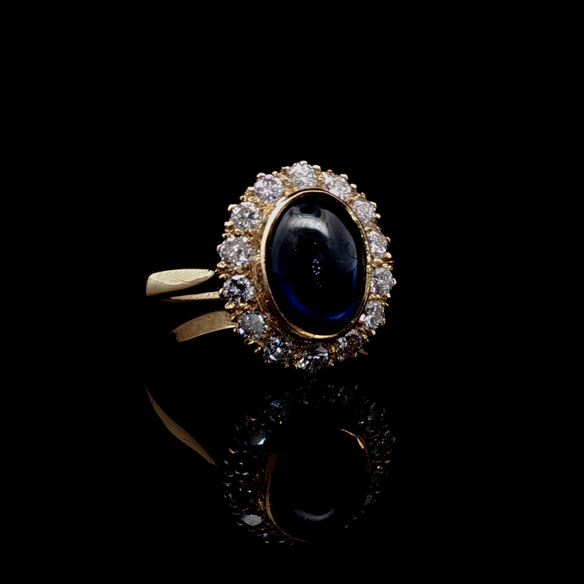 18ct Yellow Gold Cabochon Cut 3.30ct Sapphire and Diamond Cluster Ring