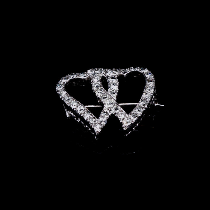 Antique Edwardian Platinum Old Cut Diamond Double Heart Brooch, Circa 1905