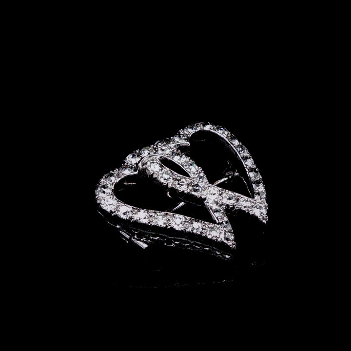 Antique Edwardian Platinum Old Cut Diamond Double Heart Brooch, Circa 1905